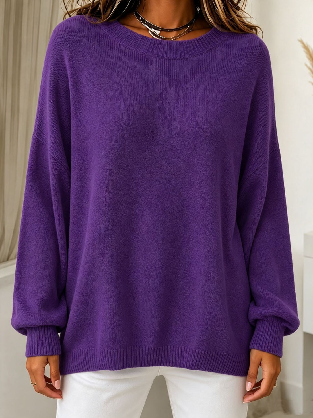 Damen Leichter Cashmere‑Touch Pullover mit Rundhalsausschnitt, überschnittener Schulter und gerippten Bündchen – Mavelle