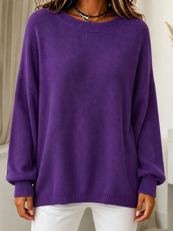 Damen Leichter Cashmere‑Touch Pullover mit Rundhalsausschnitt, überschnittener Schulter und gerippten Bündchen – Mavelle