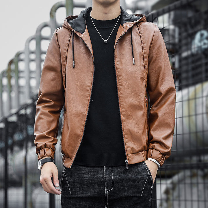 Herren Modische Kunstlederjacke mit verstellbarer Kapuze Echo Archiv