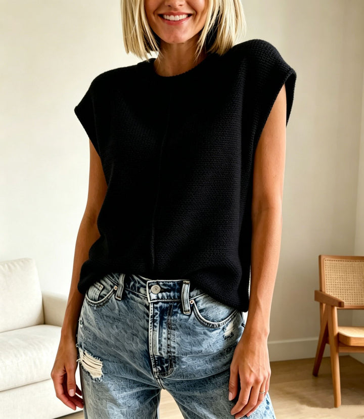 Damen Ärmellose Strickweste mit mittiger Naht und geripptem Kragen – Veloura