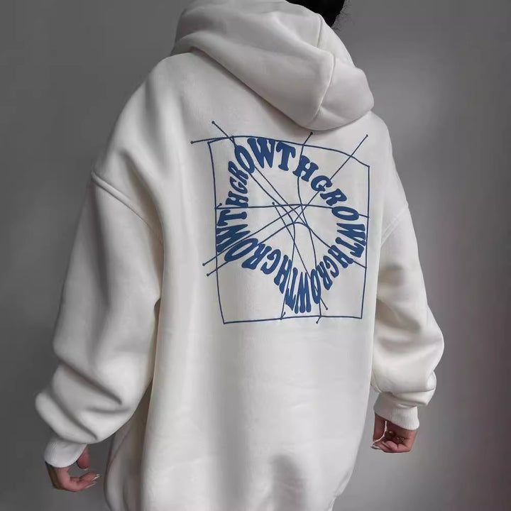 Damen Oversized Kapuzenpullover mit abstraktem Rückenprint und gerippten Bündchen Echoarchiv