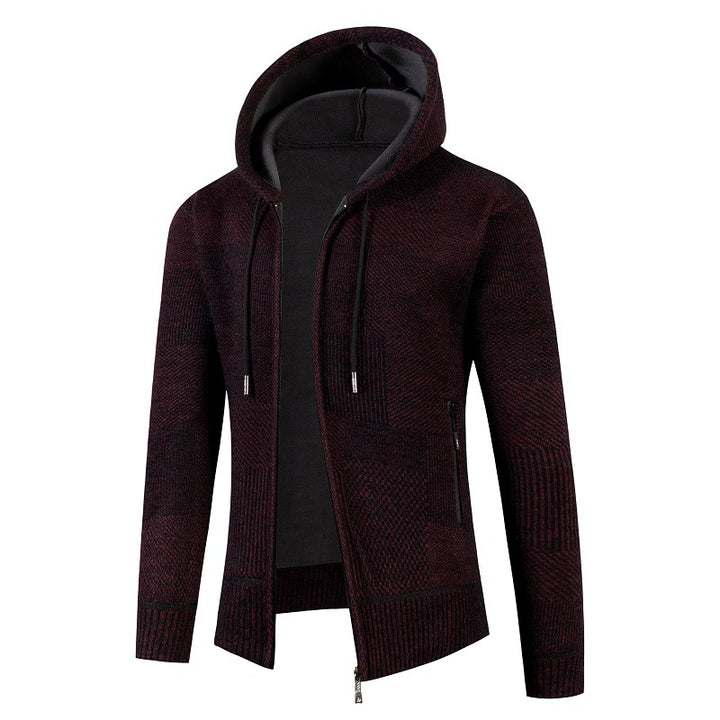 Herren Strick-Kapuzenjacke mit durchgehendem Reißverschluss, gefütterter Kapuze und strukturierter Patchwork-Optik Echo Archiv