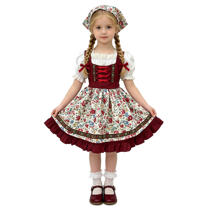 Damen nan traditionelles Kinderdirndl-Set mit bestickter Schürze, Rüschenbluse und Halstuch Echo Archiv