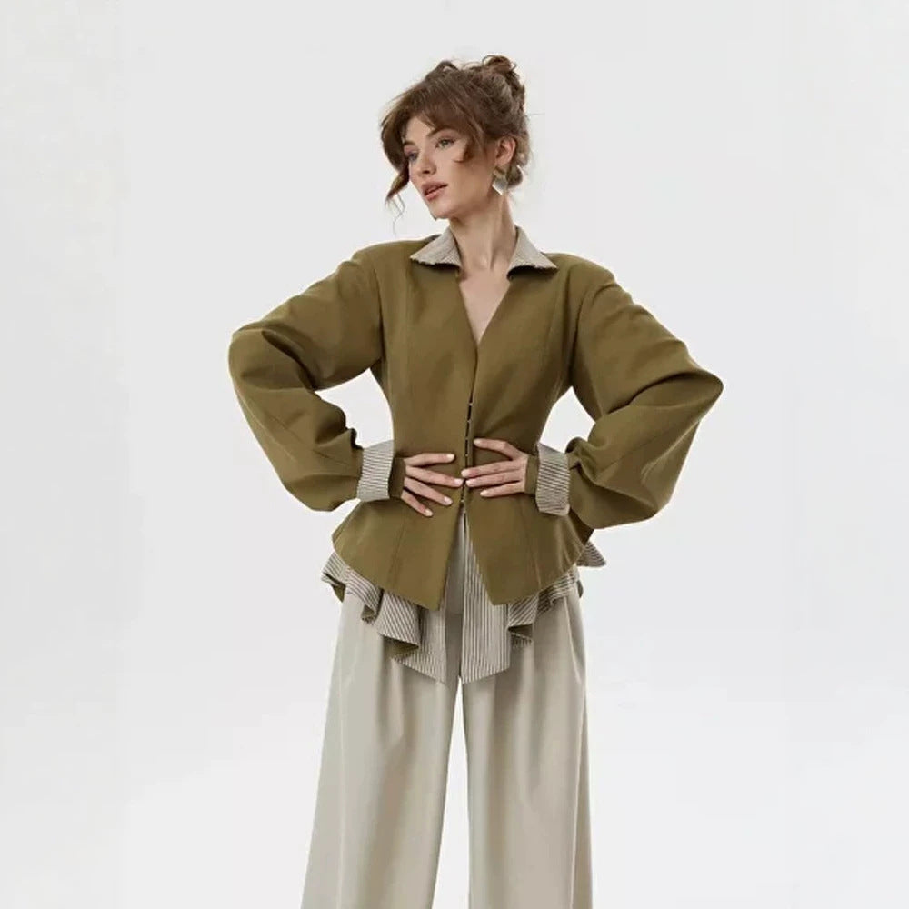 Damen taillierte Jacke mit Stehkragen, Cut-Out und Ballonärmeln Echoarchiv
