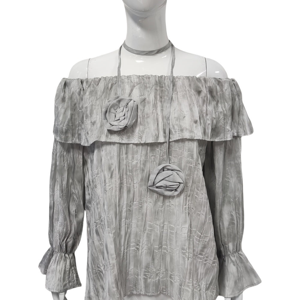 Damen Schulterfreies Crinkle-Blusentop mit Volant, Ballonärmeln und Choker – Élovi