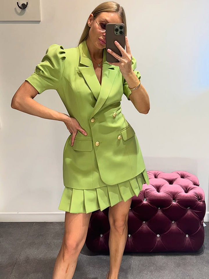 Damen Doppelreihiges Blazerkleid mit Puffärmeln und plissiertem Saum Echoarchiv