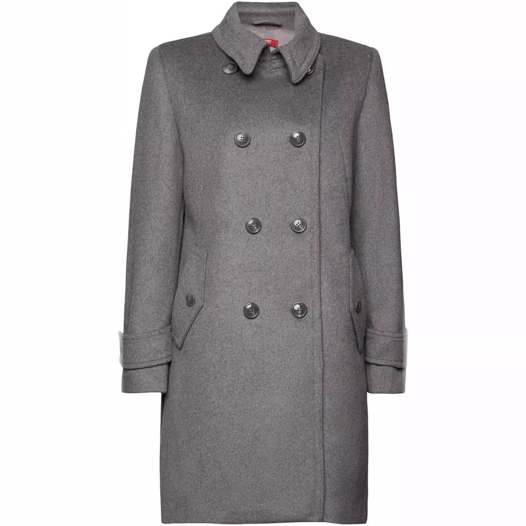 Damen Midilanger Doppelreihiger Marineinspirierter Wollmix-Peacoat mit Pattentaschen Echoarchiv