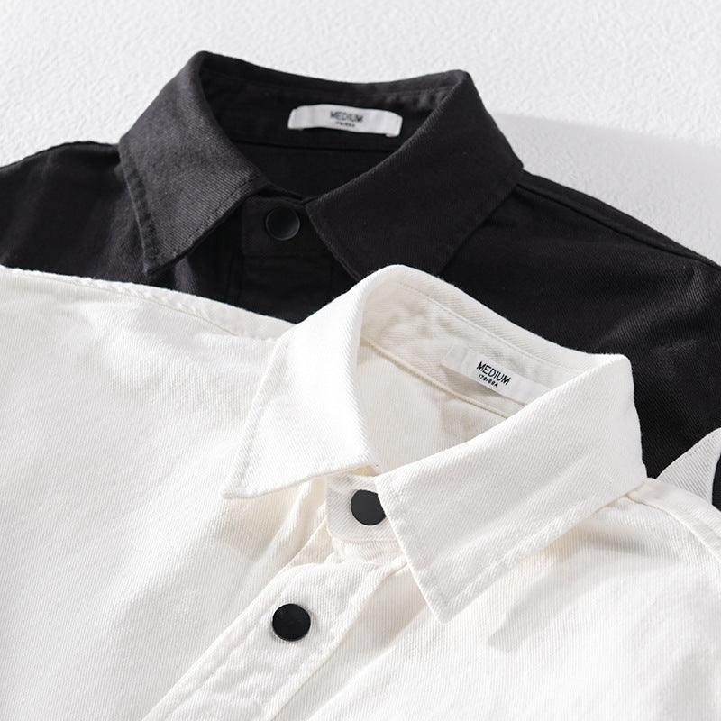 Herren Baumwoll-Overshirt im Layering-Stil mit geometrischen Colorblock-Einsätzen und Druckknopf-Leiste Echoarchiv