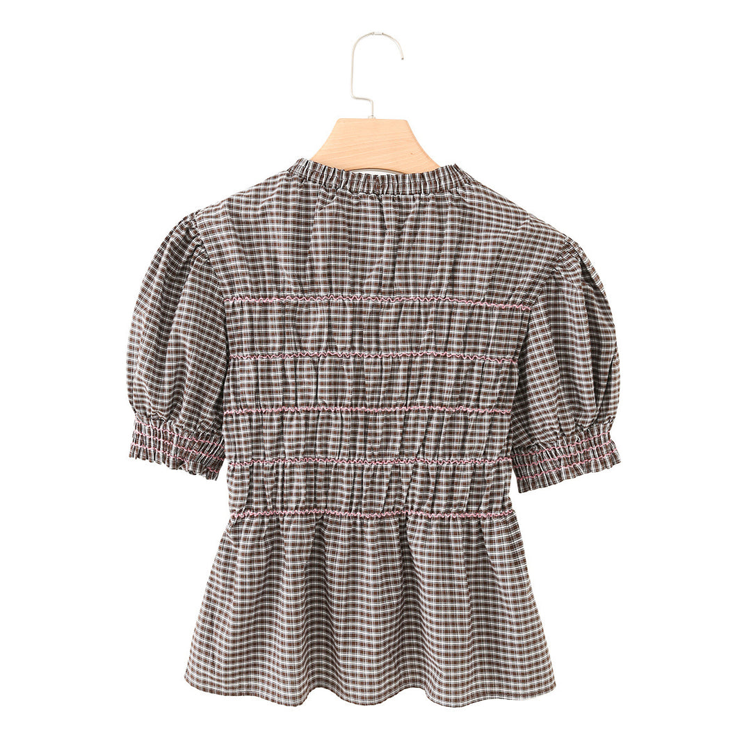 Damen Kariertes Smock-Tunika-Top mit Volantbund und Puffärmeln Echo Archiv