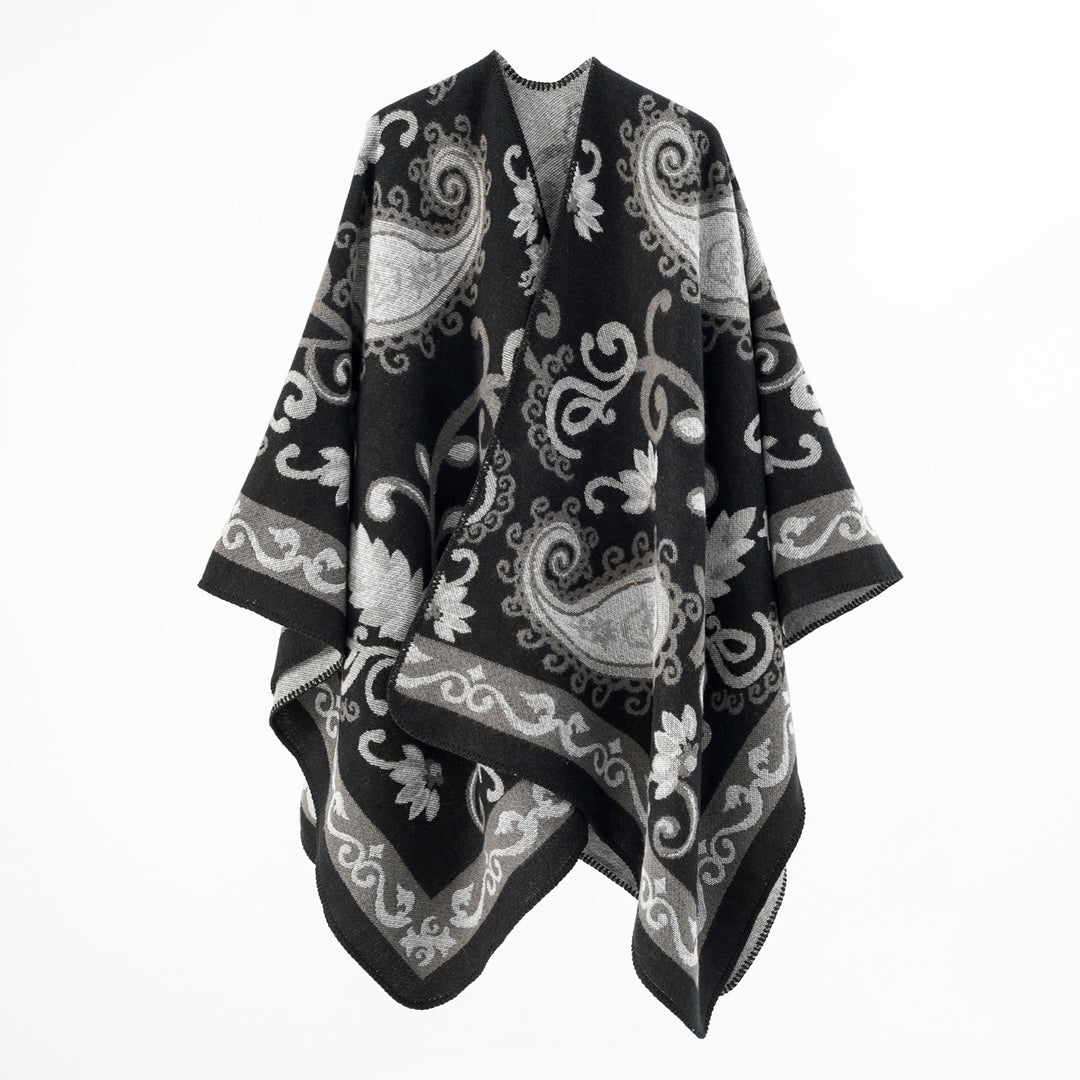 Damen Jacquard-Wollmix-Poncho mit Paisley‑Jacquard und offenem Kimono‑Fall – Montévia