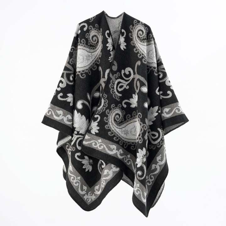 Damen Jacquard-Wollmix-Poncho mit Paisley‑Jacquard und offenem Kimono‑Fall – Montévia