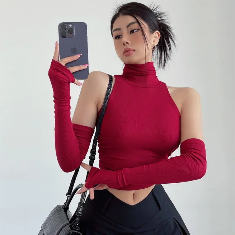 Damen Langarm Crop-Top mit Stehkragen und figurbetontem Schnitt Echo Archiv