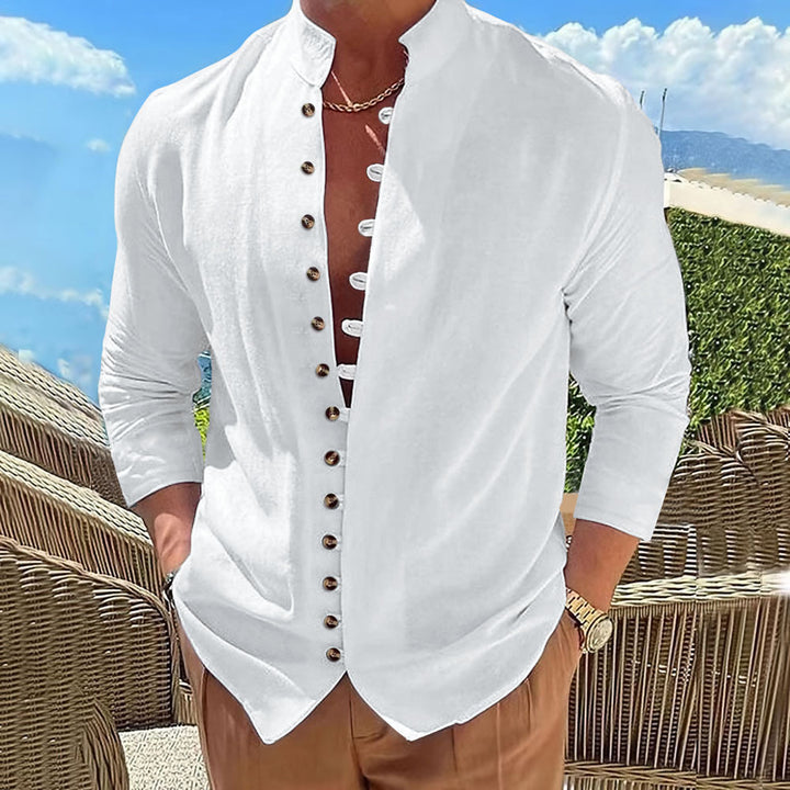 Herren Langarmhemd mit modernem Mandarin-Kragen und kreativen Knopfdetails Echoarchiv