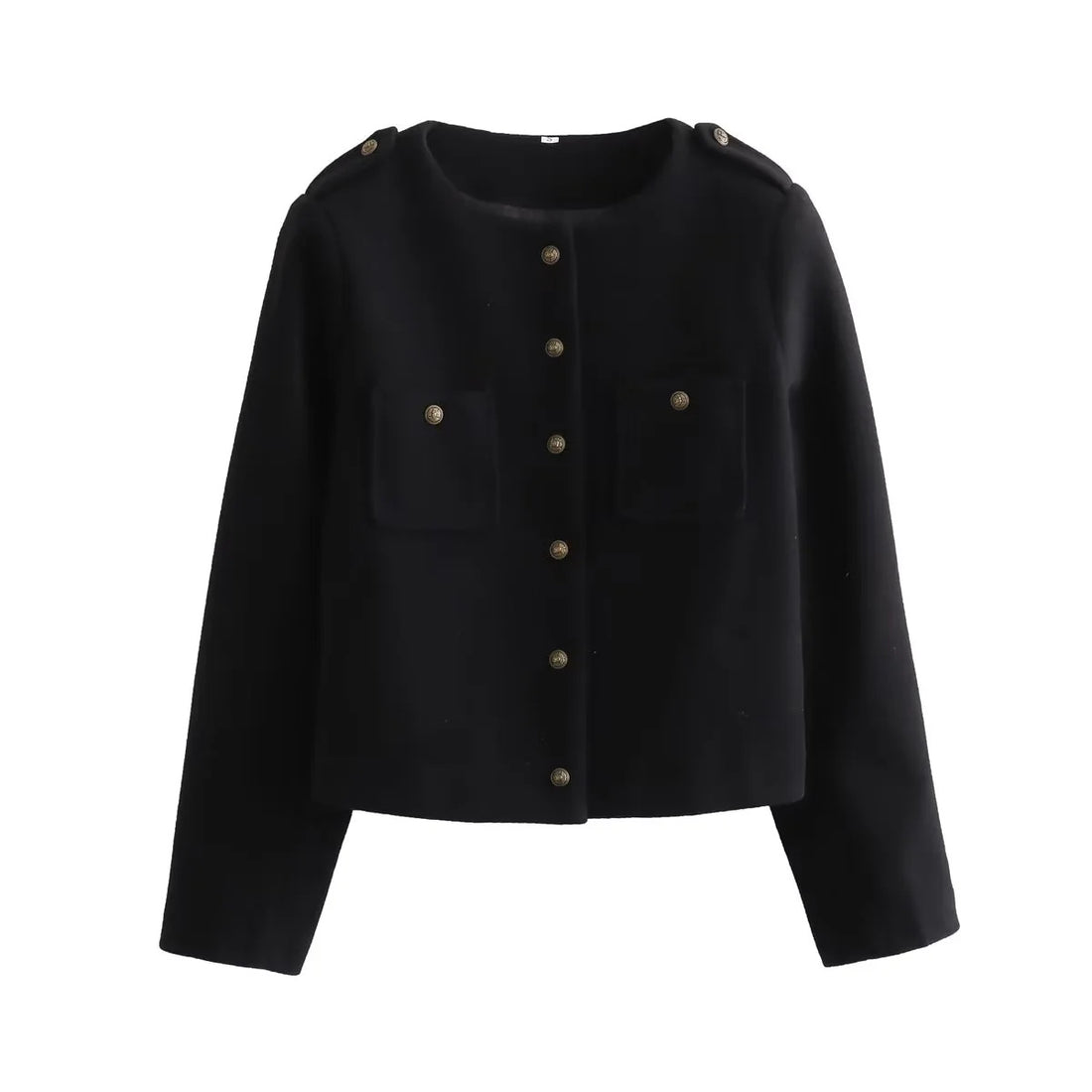 Damen kurze Wolloptik-Jacke mit Rundhalsausschnitt, aufgesetzten Pattentaschen und Schulterpatten – Célinea