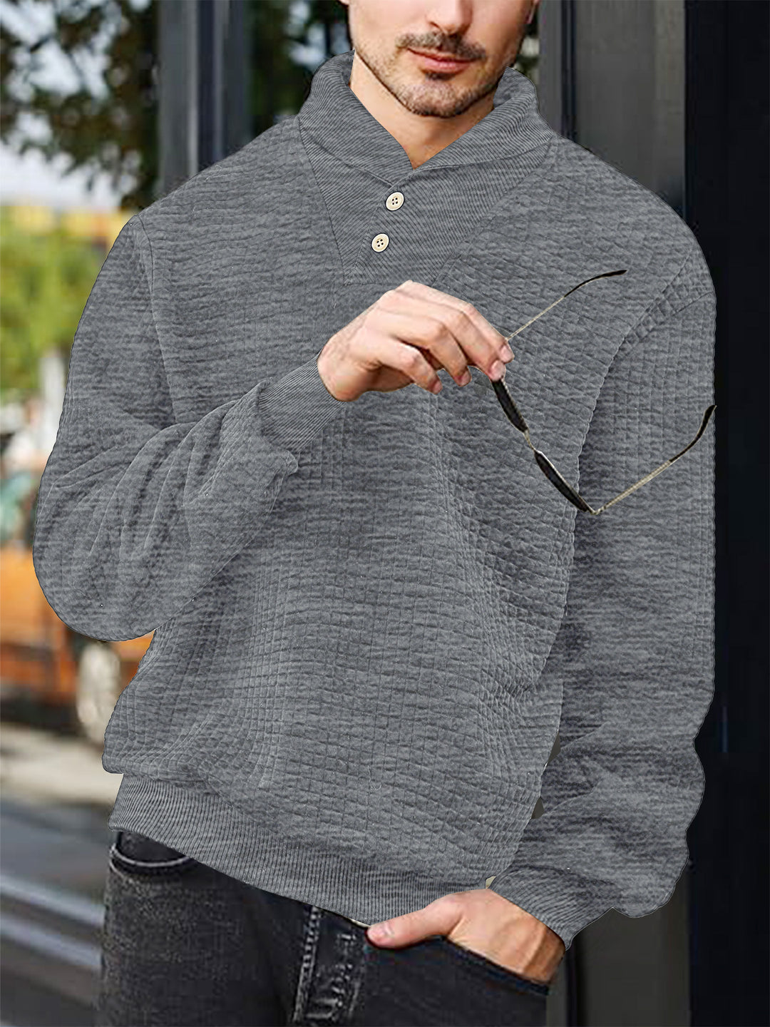 Herren modischer Kapuzenpullover mit Knopfleiste und strukturiertem Gewebe Echoarchiv