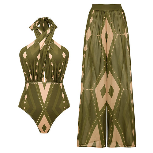 Damen Einteiler Badeanzug mit voluminösem Rüschendesign und passendem Stoffhose Echo Archiv