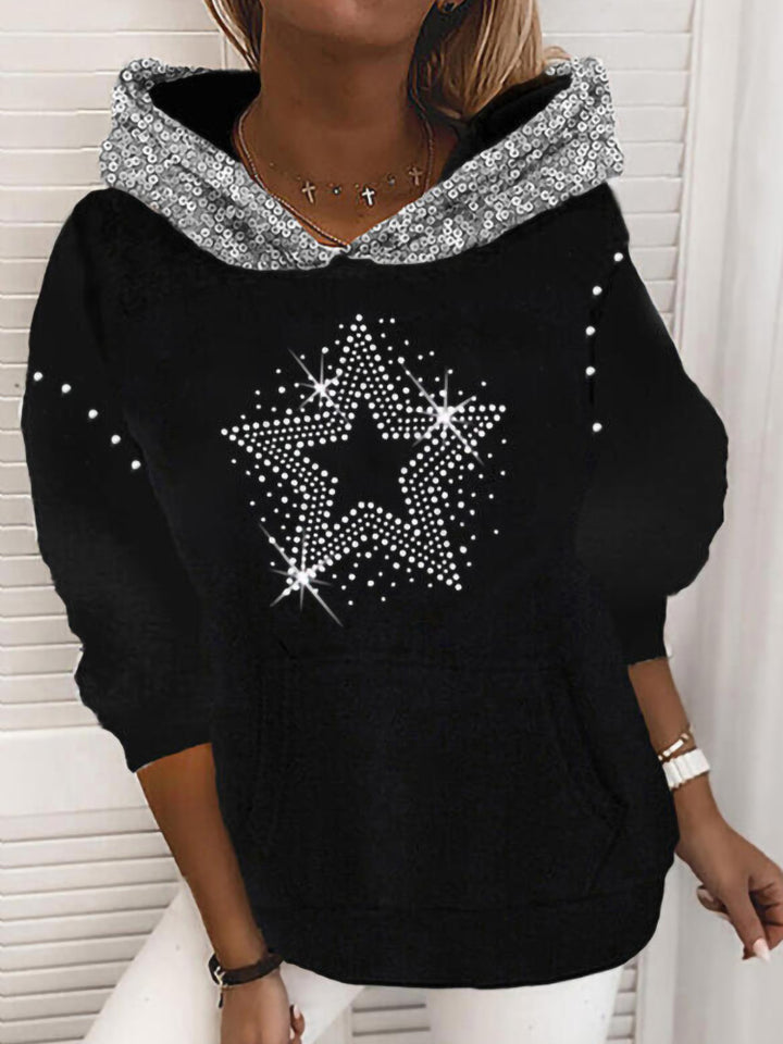 Damen Halloween Kapuzenpullover mit Kürbis- und Katzenprint, Paillettenbesatz und Oversize-Schnitt – Auréline