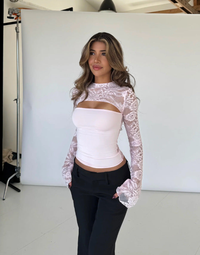 Damen Oberteil mit transparenten langen Ärmeln und raffiniertem Cut-Out Echo Archiv