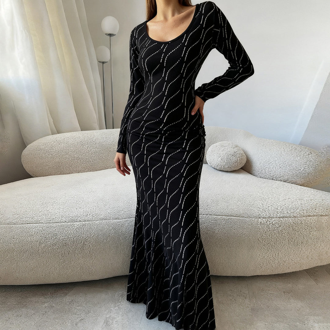 Damen nan langärmeliges Bodycon-Mermaid-Abendkleid mit Wellen-Strassbesatz Echo Archiv
