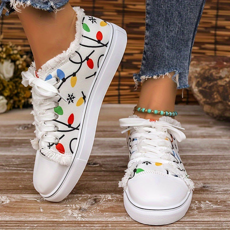 Damen Leinensneaker mit buntem Lichterketten-Print und fransigem Schaft Echo Archiv