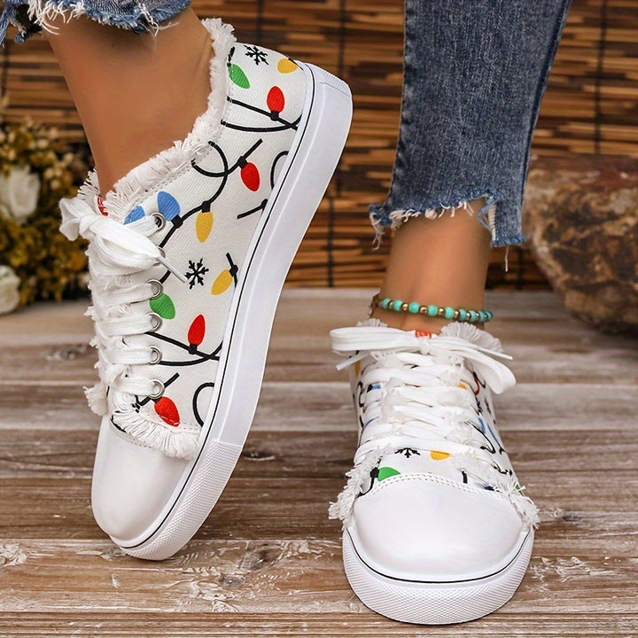 Damen Leinensneaker mit buntem Lichterketten-Print und fransigem Schaft Echo Archiv