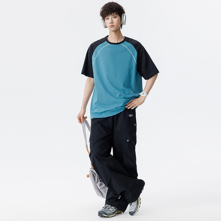 Herren Sportives Oversize Waffelstruktur-Raglan-T-Shirt mit Kontrastärmeln und atmungsaktivem Funktionsjersey Echo Archiv