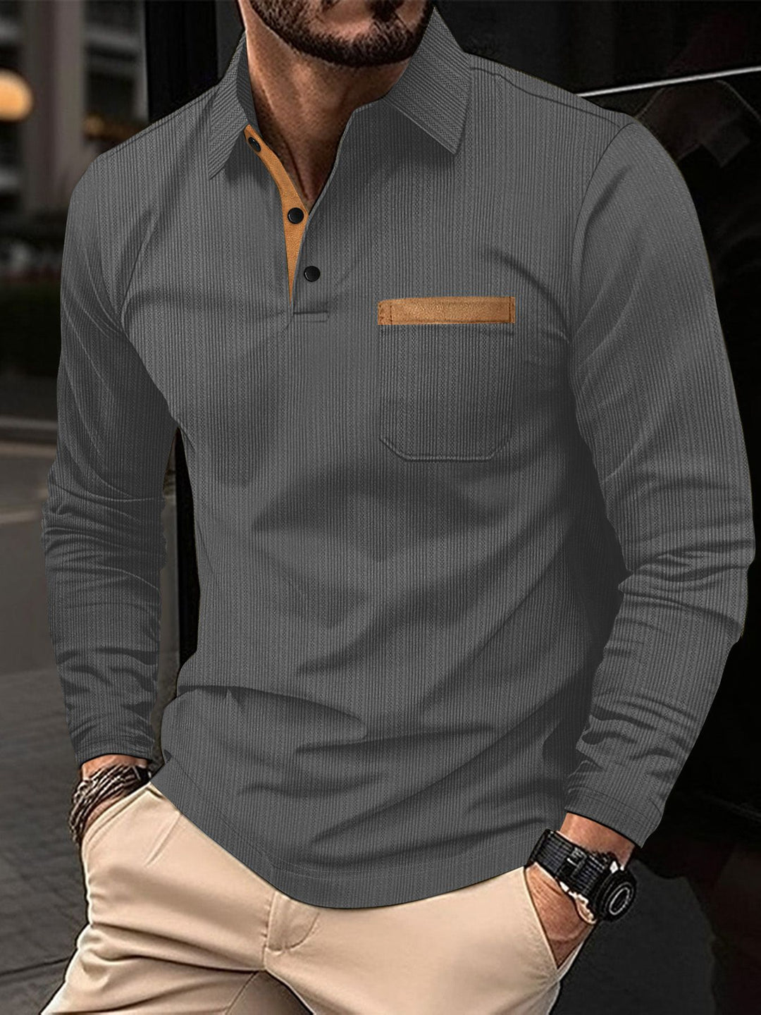 Herren Langarmshirt mit strukturiertem Design und Kontrastkragen Echoarchiv
