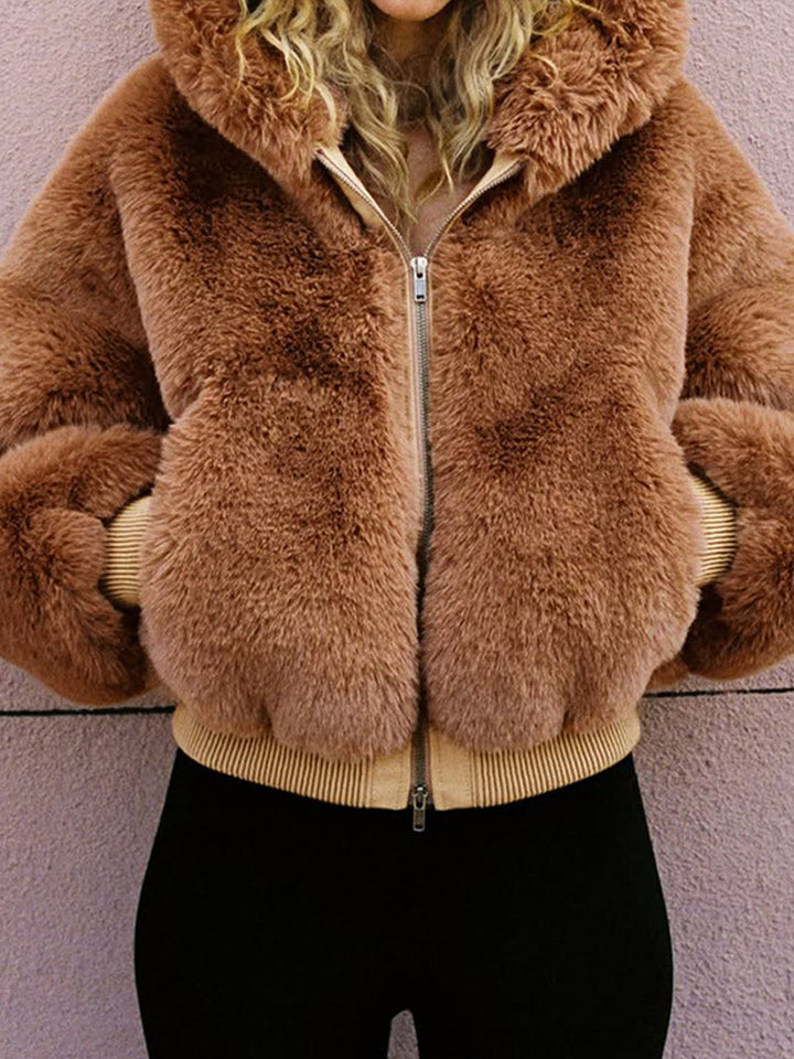 Damen Kurze Teddy-Fauxfur-Bomberjacke mit Kapuze, breitem Rippsaum und Zweiwege-Reißverschluss Echoarchiv