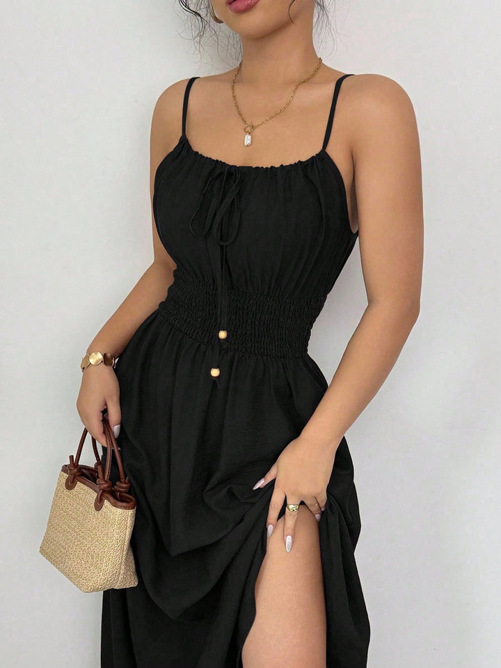 Damen Midikleid mit Smokbund, Spaghettiträgern und Bindekordel Echo Archiv