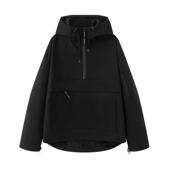 Damen nan winddichte Anorak-Pulloverjacke mit Kapuze, halbem Reißverschluss und großer Kängurutasche Echo Archiv