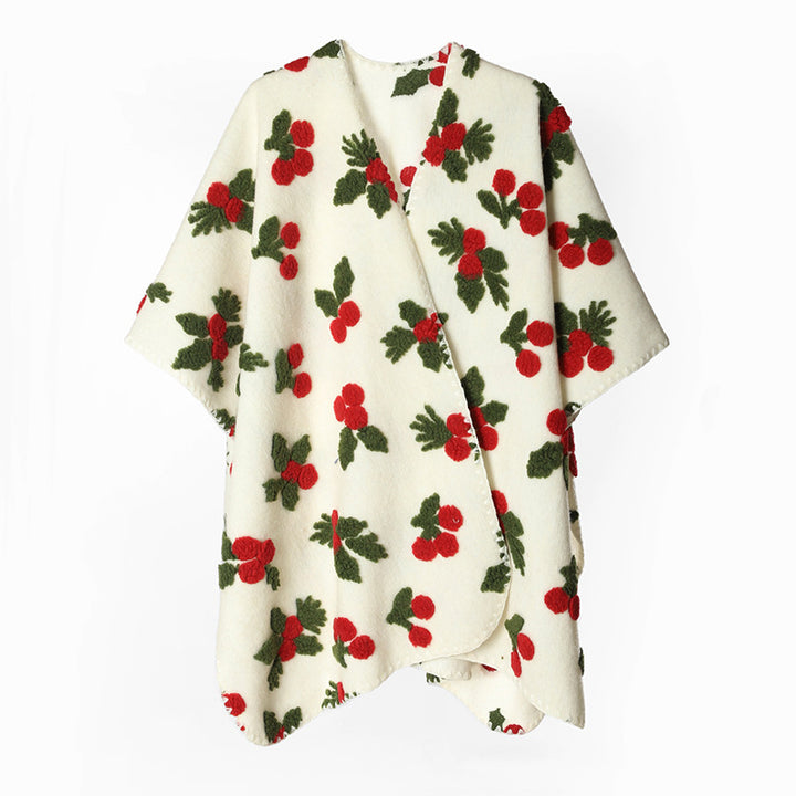 Damen Wolloptik-Poncho mit geprägtem Beeren-Jacquard und offenem Wasserfall-Schnitt – Avérine