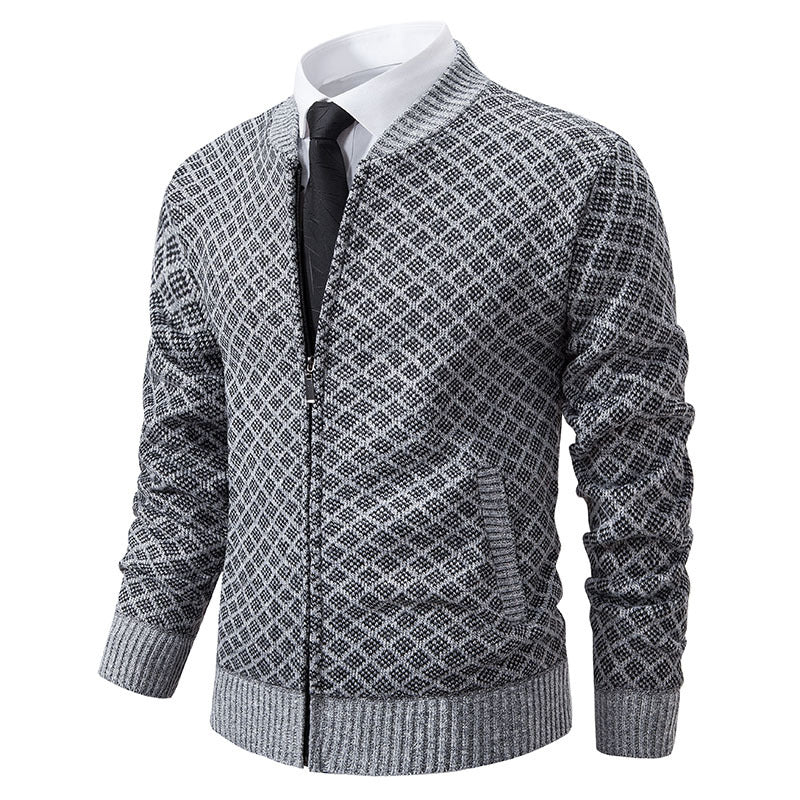 Herren Taillierter Jacquard-Zip-Cardigan mit Diamantstruktur und Eingrifftaschen Echo Archiv