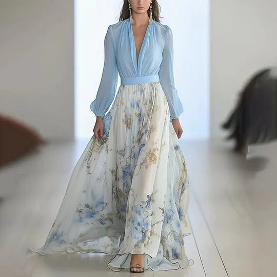Damen nan fließendes Chiffon-Maxikleid mit tiefem V-Ausschnitt, tailliertem Bund und langem Glockenrock Echo Archiv