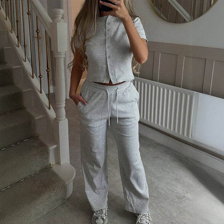 Damen Bequemes Zweiteiliges Set mit Kurzarmoberteil und lockerer Hose Echo Archiv