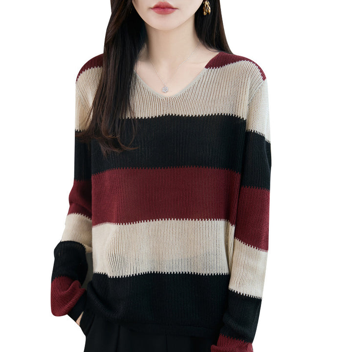 Damen Leichter V-Ausschnitt Feinstrickpullover mit breiten Blockstreifen und entspannter Passform Echoarchiv