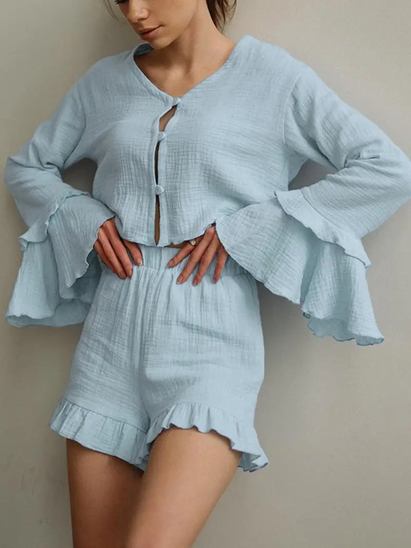 Damen Zweiteiliges Crinkle-Lounge-Set mit Volant-Shorts und gestuften Trompetenärmeln Echo Archiv