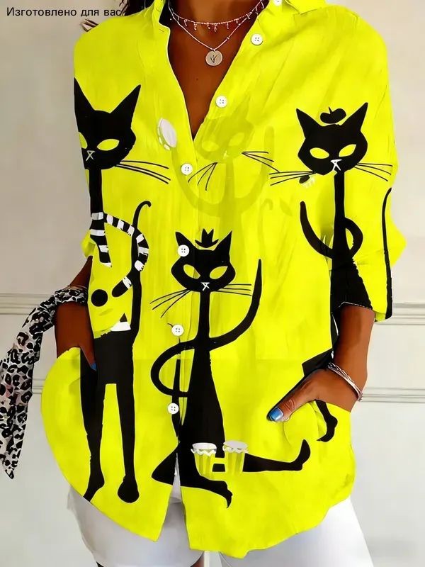 Damen Modische Hemdbluse mit einzigartigem Katzenmotiv Echoarchiv