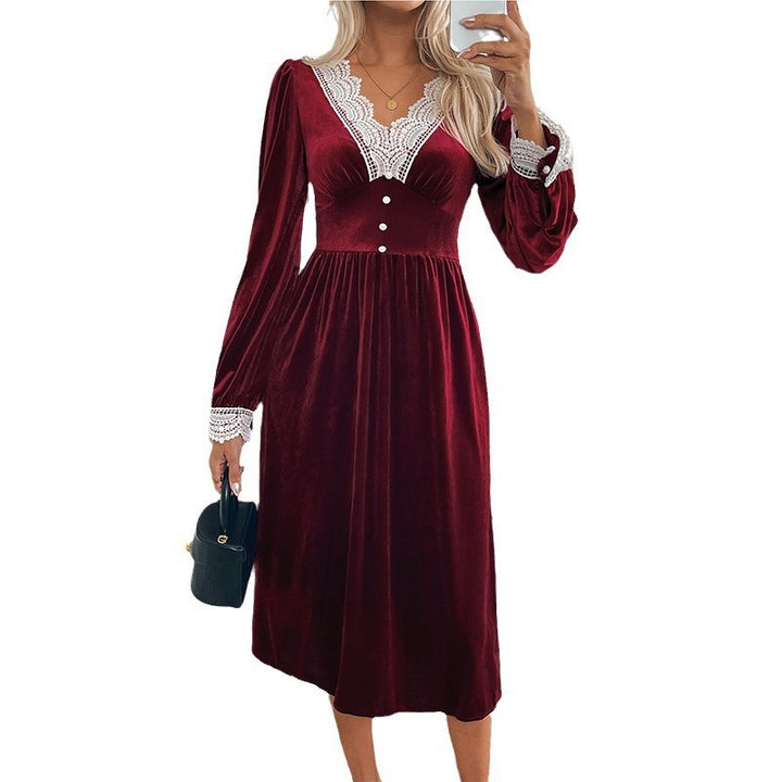 Damen Samt-Midikleid mit Spitzendekor, V Ausschnitt und taillierter Empire Silhouette Echoarchiv