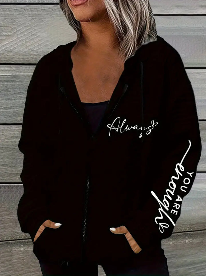 Damen nan oversized Kapuzenjacke mit Reißverschluss, handgeschriebener Typo-Applikation und Kontrast-Eingrifftaschen Echo Archiv