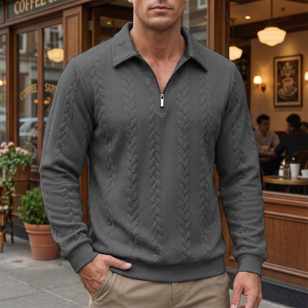 Herren strukturierter Halbzip-Pullover mit Troyerkragen, feinem Zopfmuster und elastischen Bündchen – Norvane