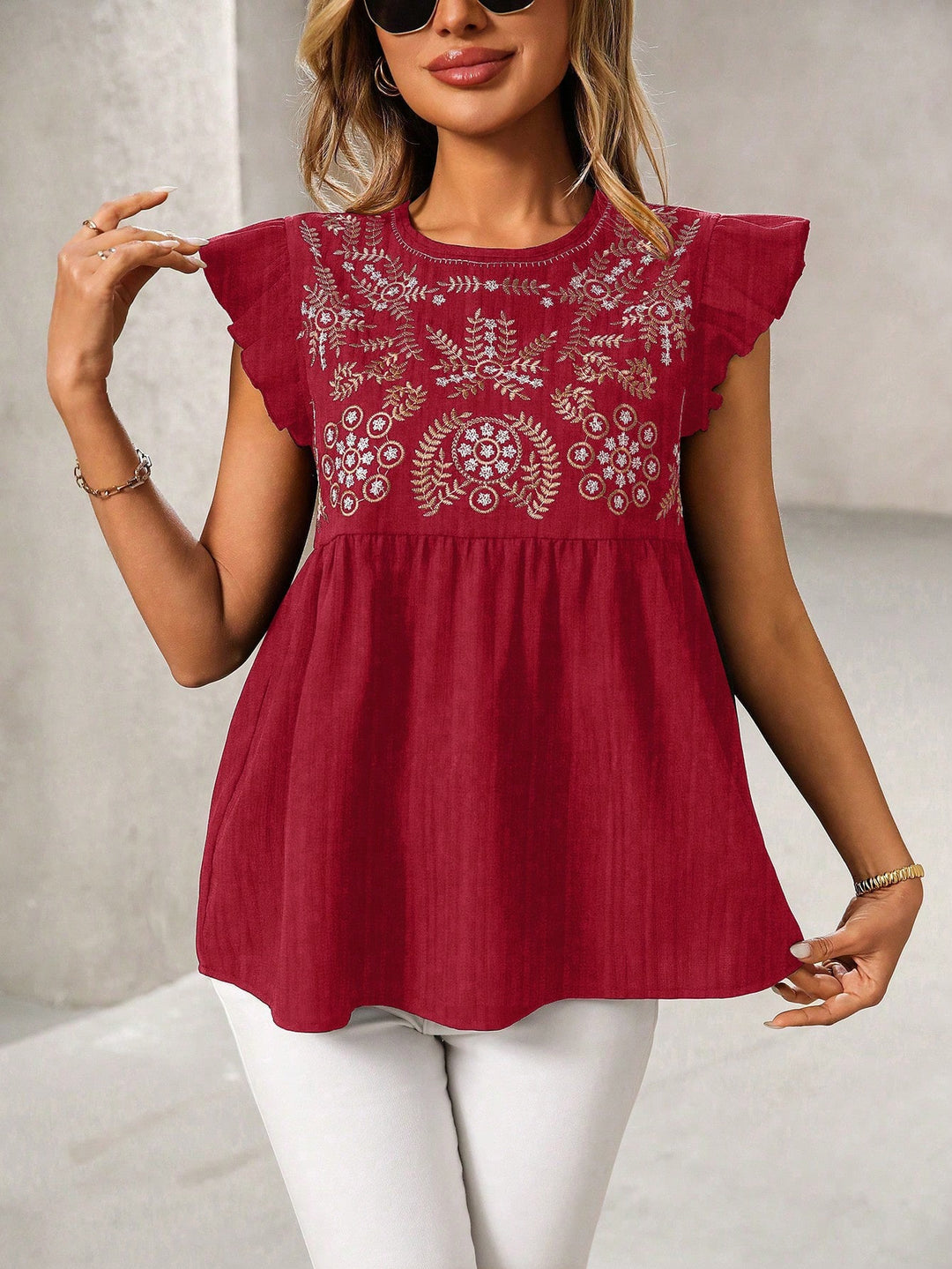 Damen Lockeres besticktes Babydoll-Top mit Rüschenärmeln Echo Archiv