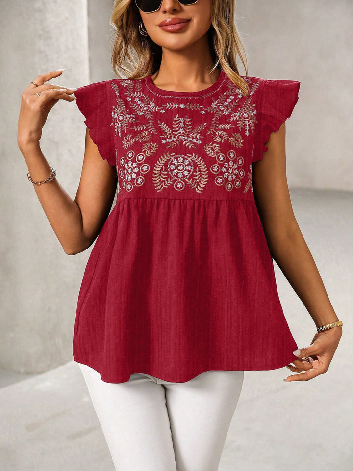 Damen Lockeres besticktes Babydoll-Top mit Rüschenärmeln Echo Archiv