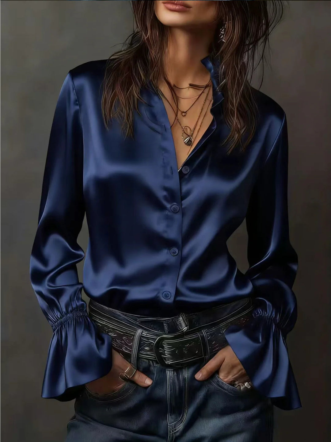 Damen Seidenglänzende Satinbluse mit Stehkragen, Knopfleiste und Volantärmel – Élovi