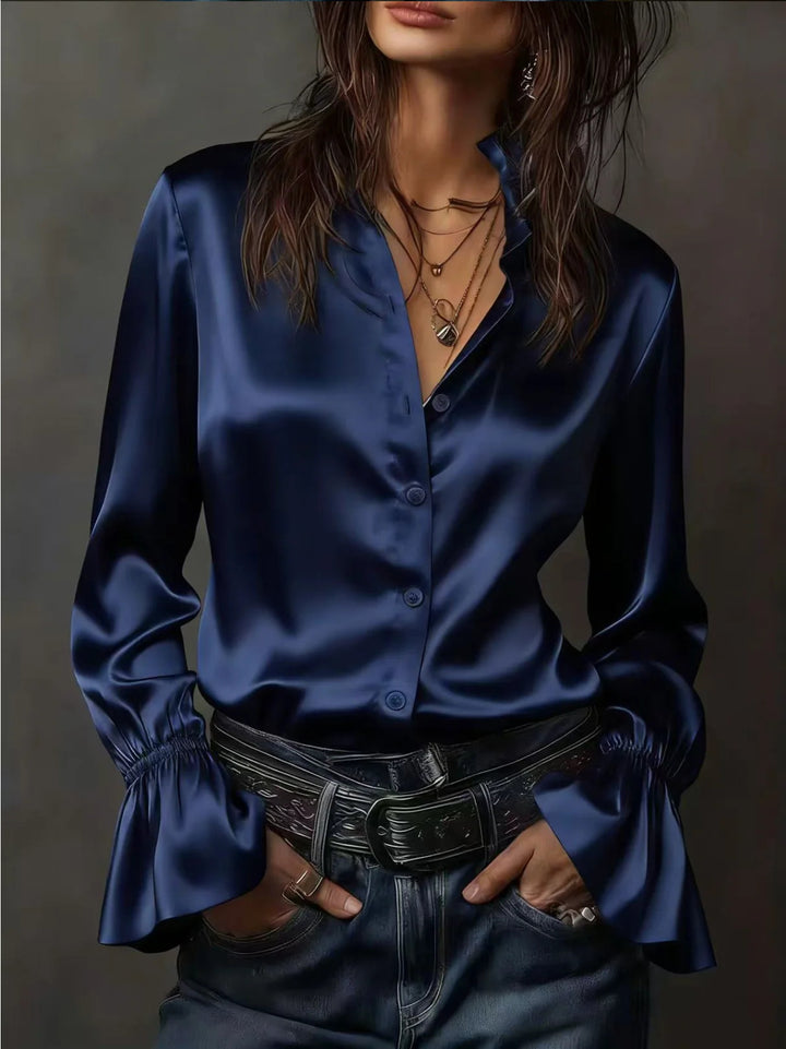 Damen Seidenglänzende Satinbluse mit Stehkragen, Knopfleiste und Volantärmel – Élovi