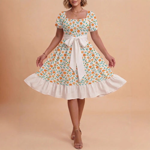Damen Midikleid mit verspieltem Druck und tailliertem Schnitt Echo Archiv