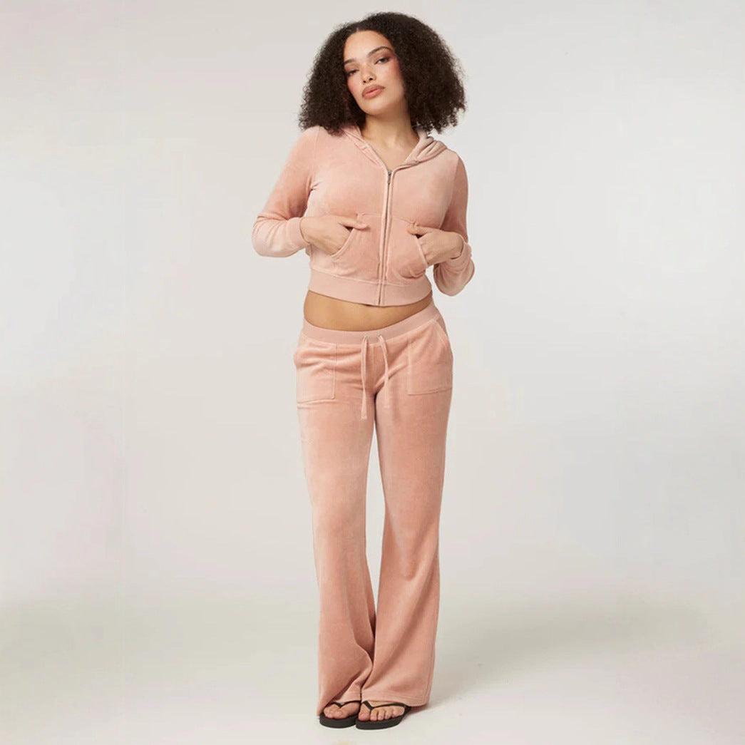 Damen Samtvelours Cropped-Zipjacke mit Kängurutasche und hochgeschnittener Bündchenhose – Auréline