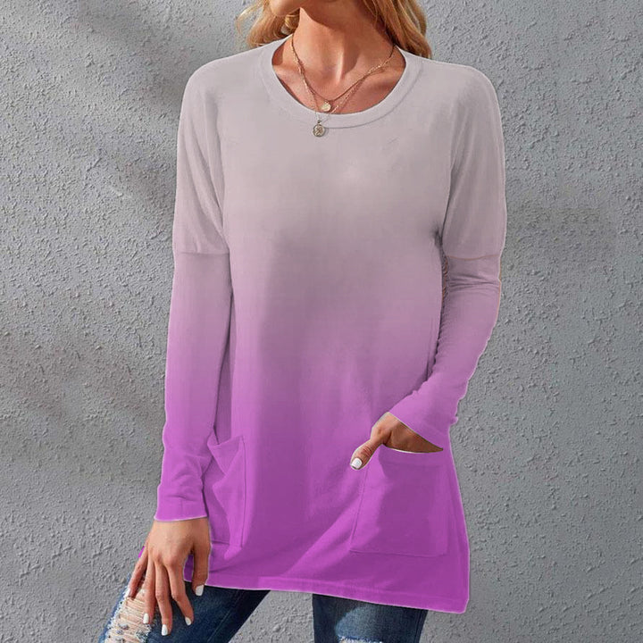 Damen Lange Ombre Tunika Bluse mit Rundhalsausschnitt und Eingrifftaschen – Élovi