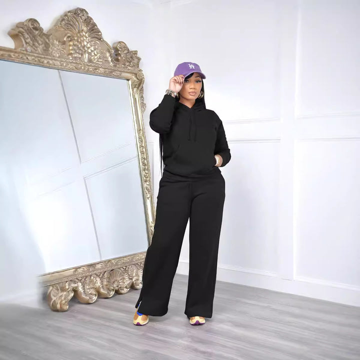 Damen Relax-Loungewear-Set mit weitem Highwaist-Palazzo-Jogger, Kapuzenpullover mit Kängurutasche und seitlichem Saumschlitz – Avérine