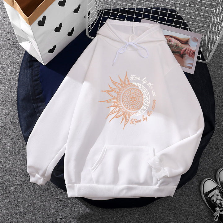 Damen Kapuzenpullover mit Sonn-und-Mond-Mandala, Kängurutasche und angerautem Fleece – Auréline