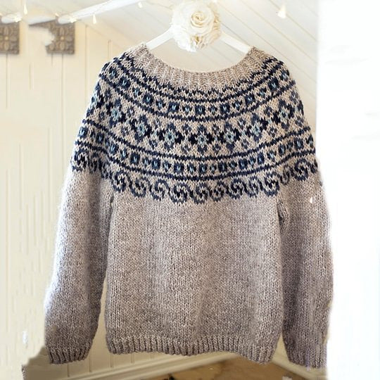 Damen nan melierter Rundhalsausschnittpullover mit kreisförmigem Jacquard-Yoke und geripptem Saum Echo Archiv